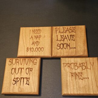 Survival Mode cherry wood coaster set with laser-engraved humor phrases — Gentle Grain Workshop