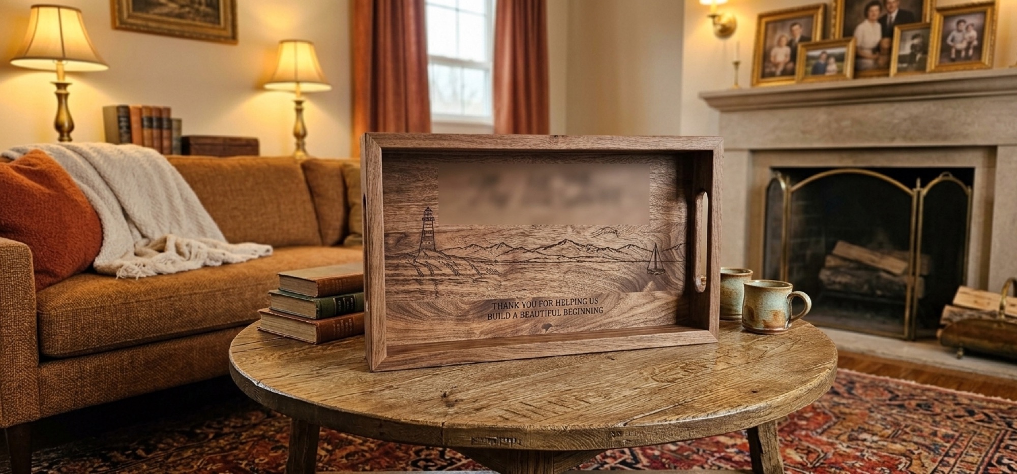Engraved black walnut serving tray with a lighthouse scene, shown in a living room (background enhanced with AI; the tray is real)